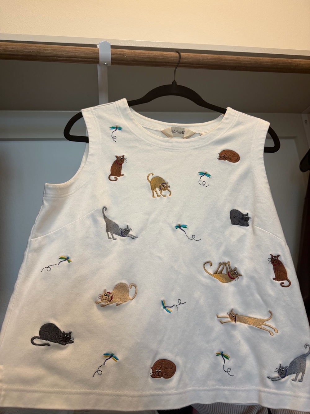 100% Cotton Bechamel White Embroidered Cat Tank Top